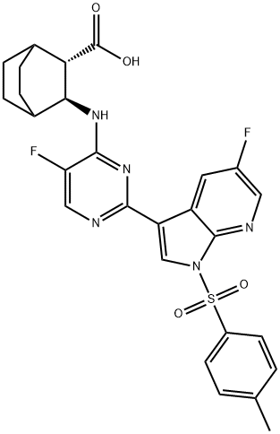 Bicyclo[2.2.2]octane-2-carboxylic acid, 3-[[5-fluoro-2-[5-fluoro-1-[(4-methylphenyl)sulfonyl]-1H-pyrrolo[2,3-b]pyridin-3-yl]-4-pyrimidinyl]amino]-, (2S,3S)- 结构式