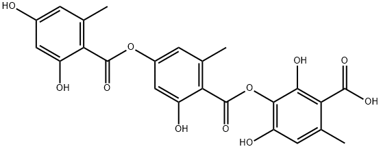 Benzoic acid, 4-[(2,4-dihydroxy-6-methylbenzoyl)oxy]-2-hydroxy-6-methyl-, 3-carboxy-2,6-dihydroxy-4-methylphenyl ester 结构式