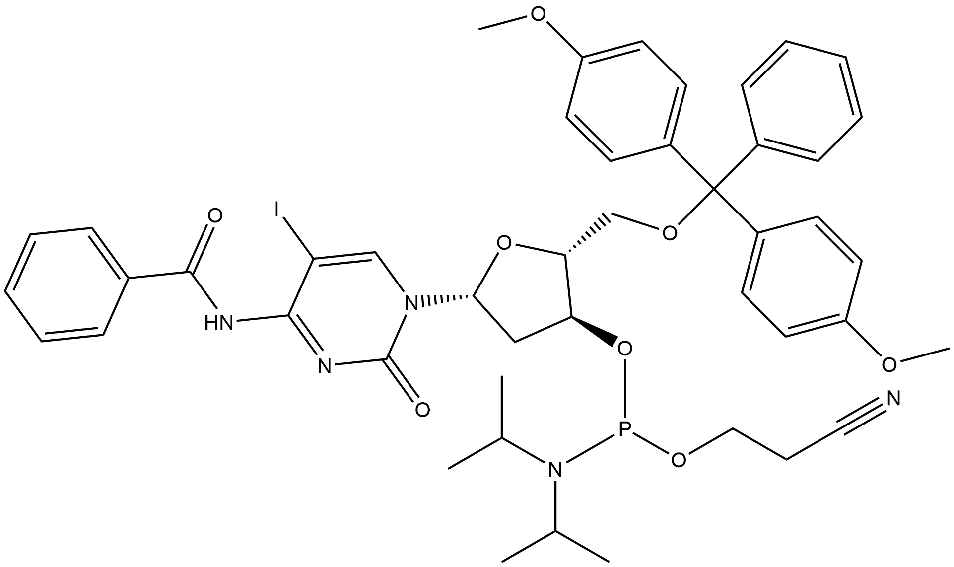 Cytidine, N-benzoyl-5'-O-[bis(4-methoxyphenyl)phenylmethyl]-2'-deoxy-5-iodo-, 3'-[2-cyanoethyl bis(1-methylethyl)phosphoramidite] (9CI) 结构式