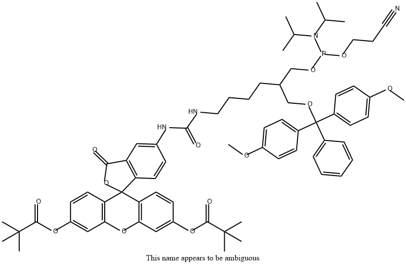 1-Dimethoxytrityloxy-2-(N-thiourea-(di-O-pivaloyl-fluorescein)-4-aminobutyl)-propyl-3-O-(2-cyanoethyl)-(N,N-diisopropyl)-phosphoramidite 结构式