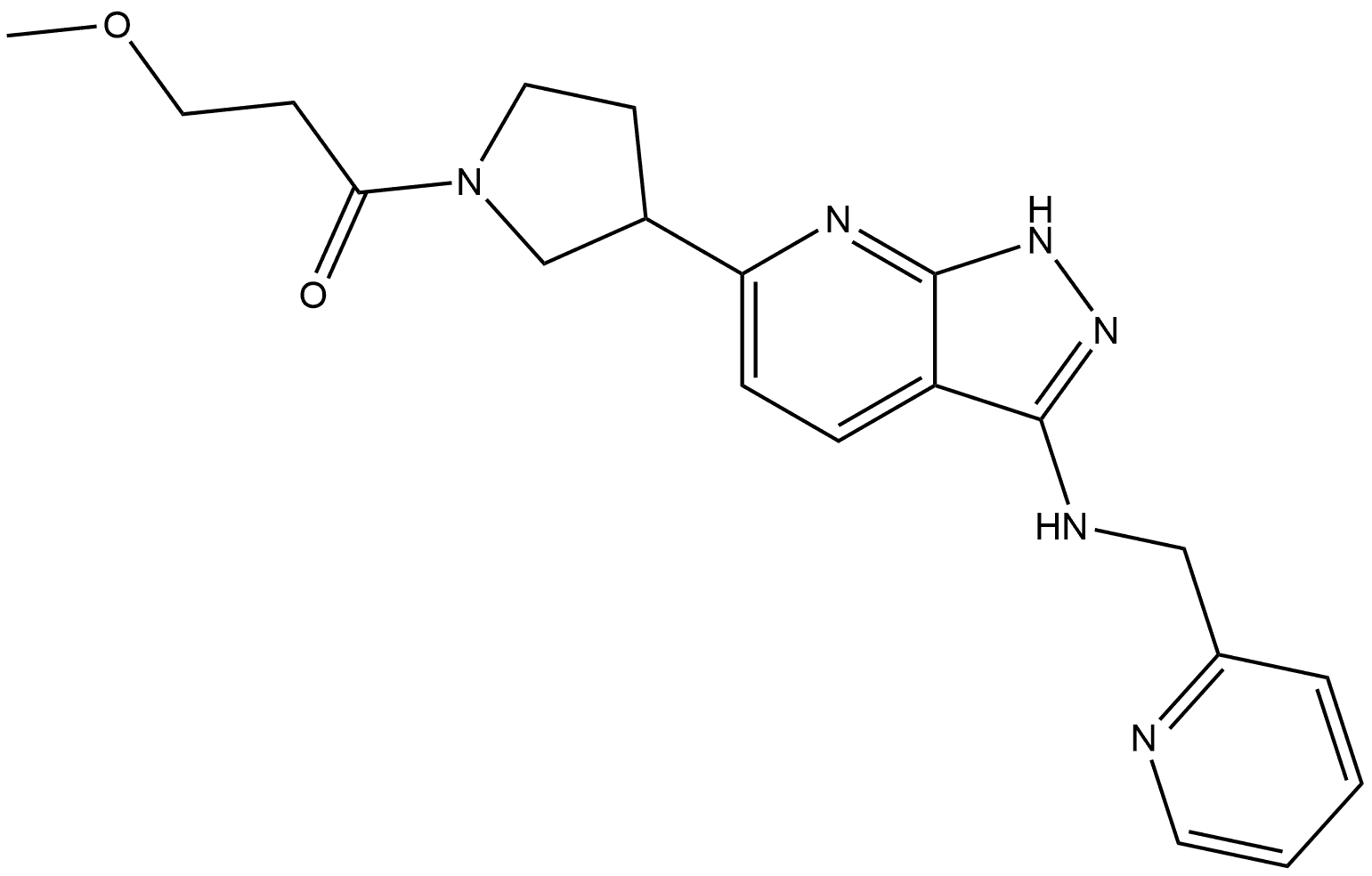 3-Methoxy-1-[3-[3-[(2-pyridinylmethyl)amino]-1H-pyrazolo[3,4-b]pyridin-6-yl]-1-pyrrolidinyl]-1-propanone 结构式