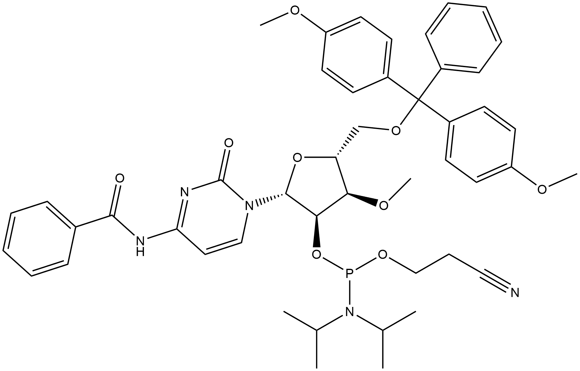 N-苯甲酰基-5′-O-[双(4-甲氧基苯基)苯基甲基]-3′-O-甲基胞苷2′-[2-氰基乙基N,N-双(1-甲基乙基)亚磷酰胺 结构式