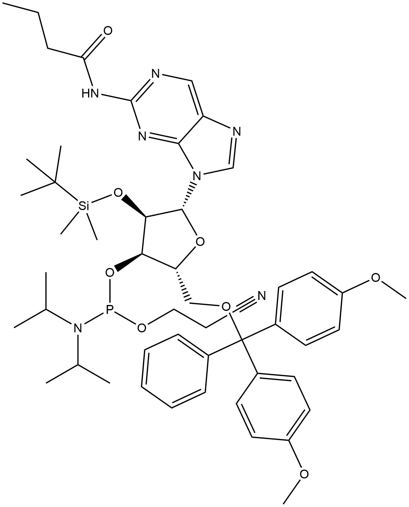 N-[9-[5-O-[二(4-甲氧基苯基)苯基甲基]-3-O-[[二异丙基氨基](2-氰基乙氧基)膦基]-2-O-[(叔丁基)二甲基硅烷基]-BETA-D-呋喃核糖基]-9H-嘌呤-2-基]丁酰胺 结构式