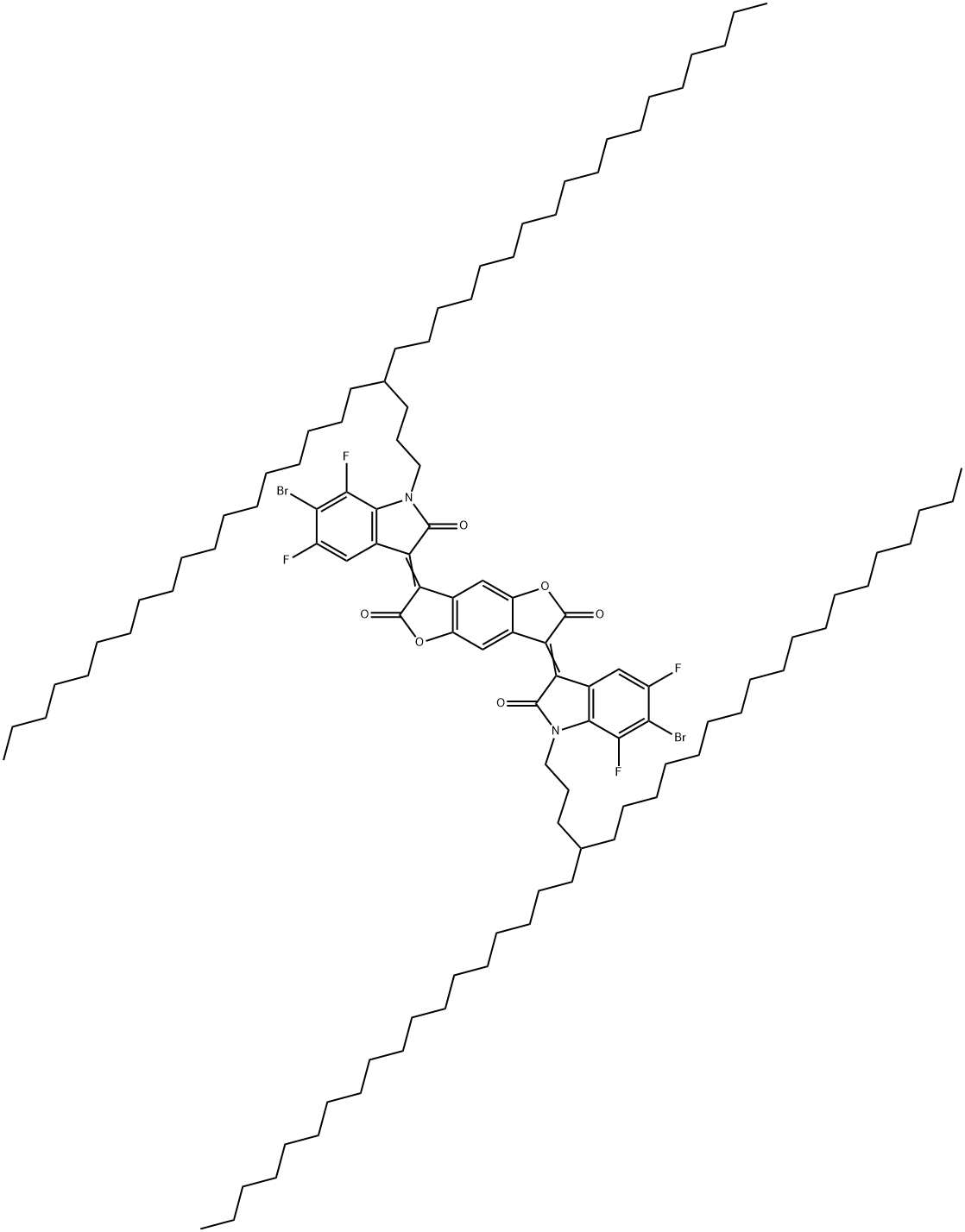 Benzo[1,2-b:4,5-b']difuran-2,6-dione, 3,7-bis[6-bromo-5,7-difluoro-1,2-dihydro-1-(4-octadecyldocosyl)-2-oxo-3H-indol-3-ylidene]-3,7-dihydro- 结构式