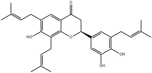 4H-1-Benzopyran-4-one, 2-[3,4-dihydroxy-5-(3-methyl-2-buten-1-yl)phenyl]-2,3-dihydro-7-hydroxy-6,8-bis(3-methyl-2-buten-1-yl)-, (2S)- 结构式