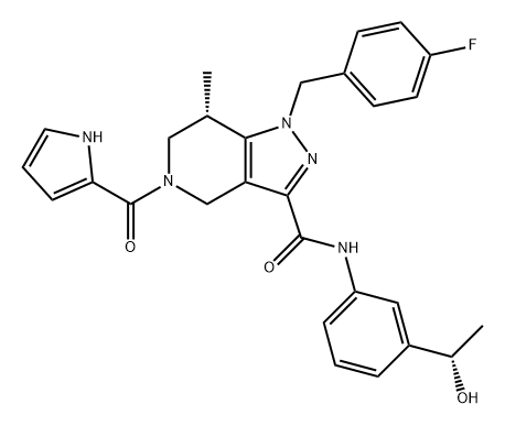 1H-Pyrazolo[4,3-c]pyridine-3-carboxamide, 1-[(4-fluorophenyl)methyl]-4,5,6,7-tetrahydro-N-[3-[(1S)-1-hydroxyethyl]phenyl]-7-methyl-5-(1H-pyrrol-2-ylcarbonyl)-, (7S)- 结构式