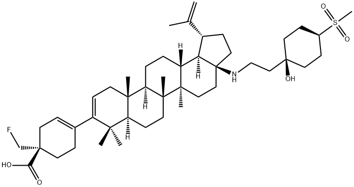 3-Cyclohexene-1-carboxylic acid, 1-(fluoromethyl)-4-[17-[[2-[cis-1-hydroxy-4-(methylsulfonyl)cyclohexyl]ethyl]amino]-28-norlupa-2,20(29)-dien-3-yl]-, (1S)- 结构式