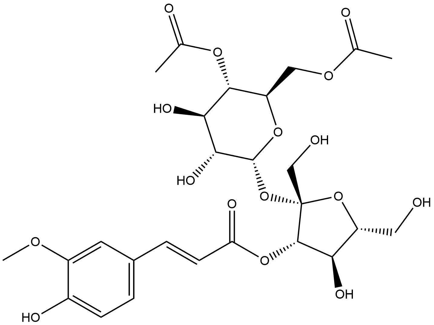 α-D-Glucopyranoside, 3-O-[(2E)-3-(4-hydroxy-3-methoxyphenyl)-1-oxo-2-propen-1-yl]-β-D-fructofuranosyl, 4,6-diacetate 结构式