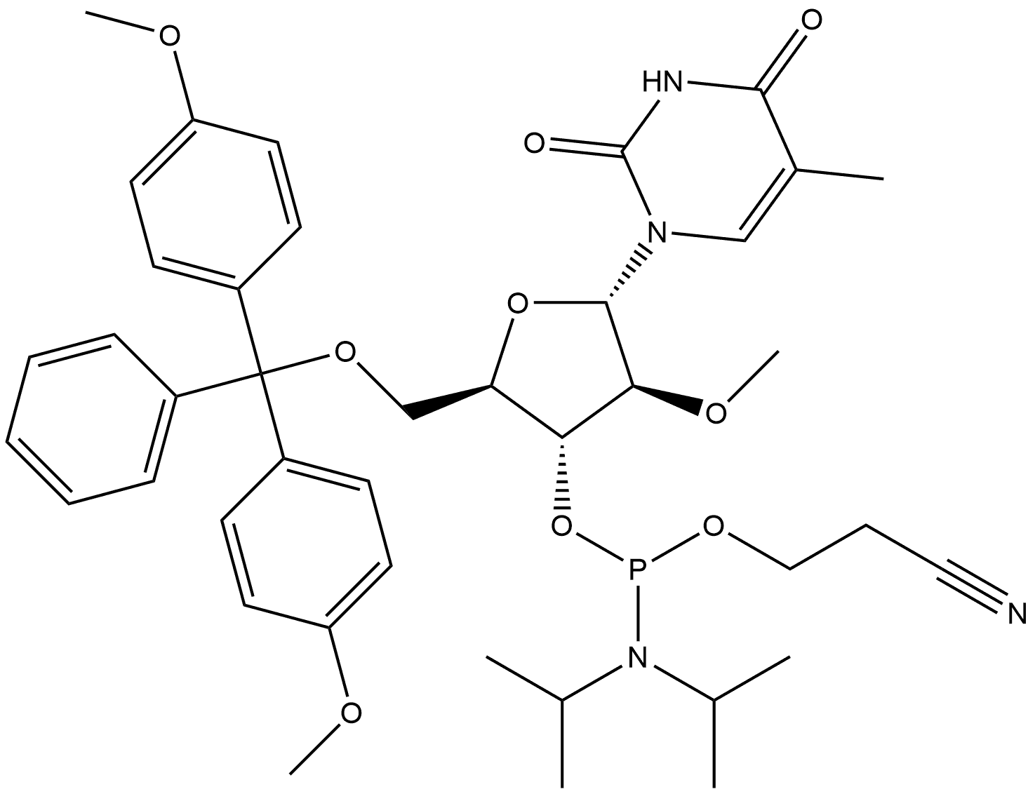 1-[5-O-[Bis(4-methoxyphenyl)phenylmethyl]-3-O-[[bis(1-methylethyl)amino](2-cyanoethoxy)phosphino]-2-O-methyl-α-D-arabinofuranosyl]-5-methyl-2,4(1H,3H)-pyrimidinedione 结构式