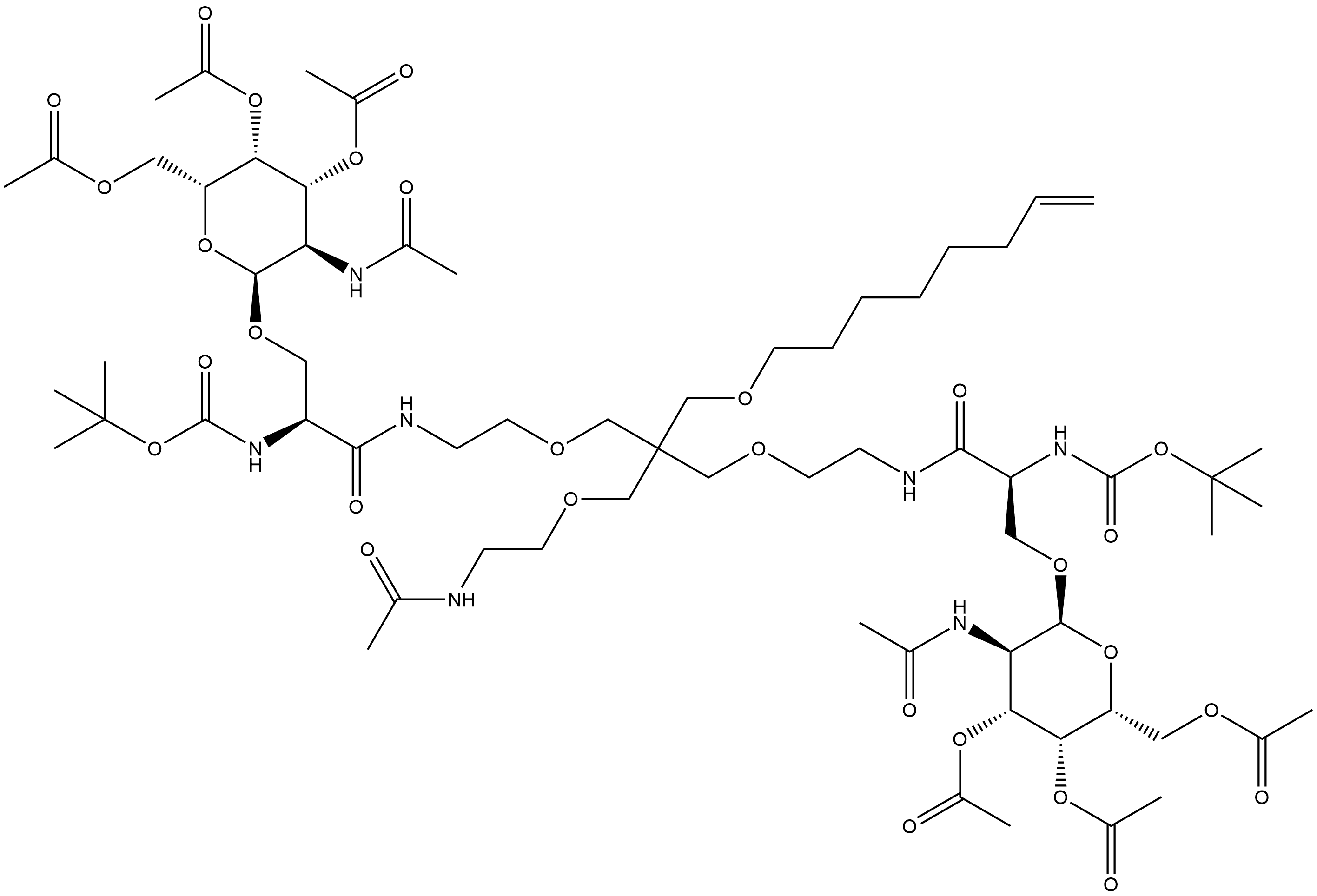 S-(R*,R*)]-10-[[2-(acetylamino)ethoxy]methyl]-10-[(7-octenyloxy)methyl]-4,16-dioxo-3,17-bis[[[3,4,6-tri-O-acetyl-2-(acetylamino)-2-deoxy-α-D-galactopyranosyl]oxy]methyl]-8,12-Dioxa-2,5,15,18-tetraazanonadecanedioic acid bis(1,1-dimethylethyl) ester 结构式