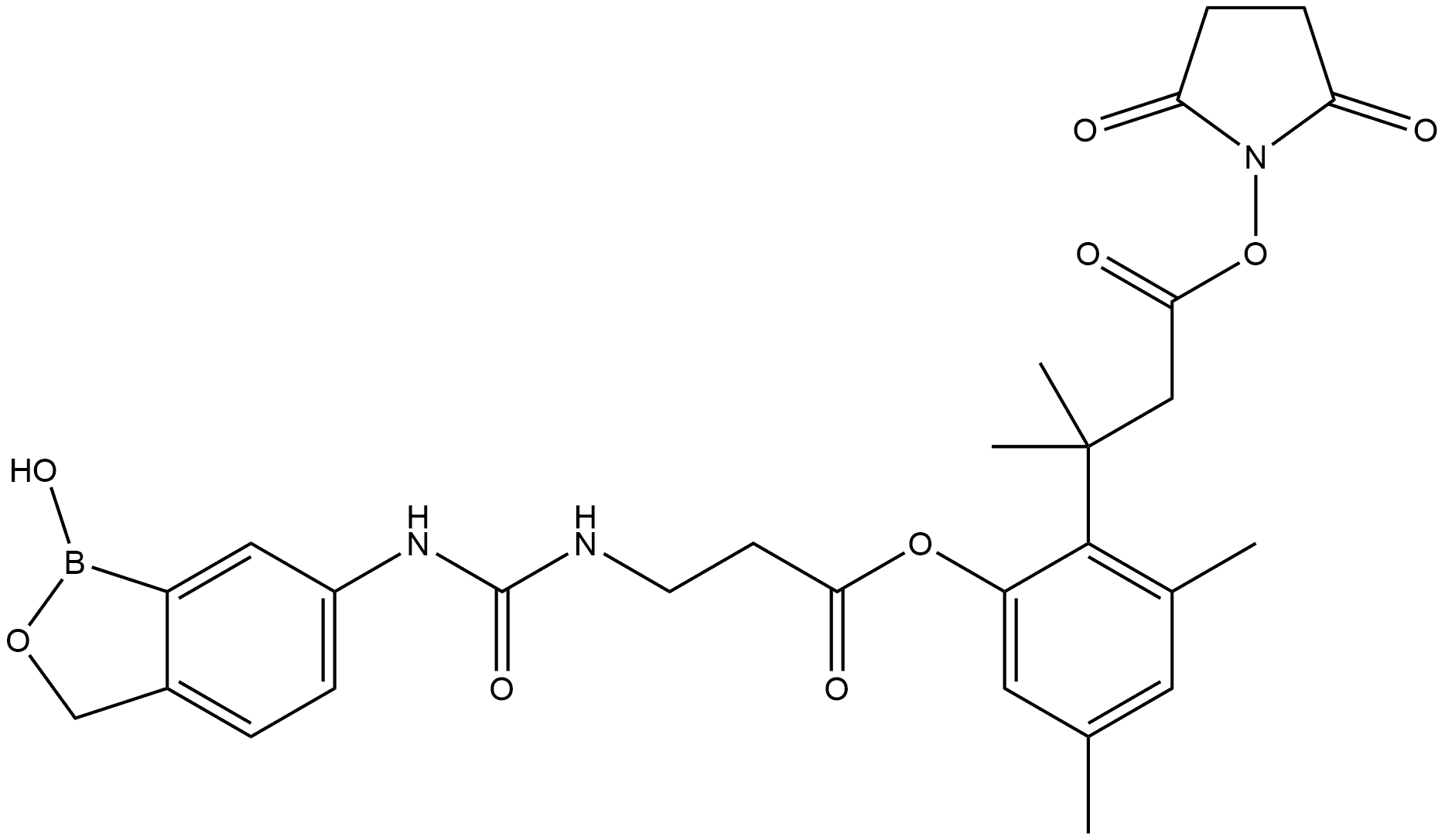 N-[[(1,3-Dihydro-1-hydroxy-2,1-benzoxaborol-6-yl)amino]carbonyl]-β-alanine 2-[3-[(2,5-dioxo-1-pyrrolidinyl)oxy]-1,1-dimethyl-3-oxopropyl]-3,5-dimethylphenyl ester 结构式