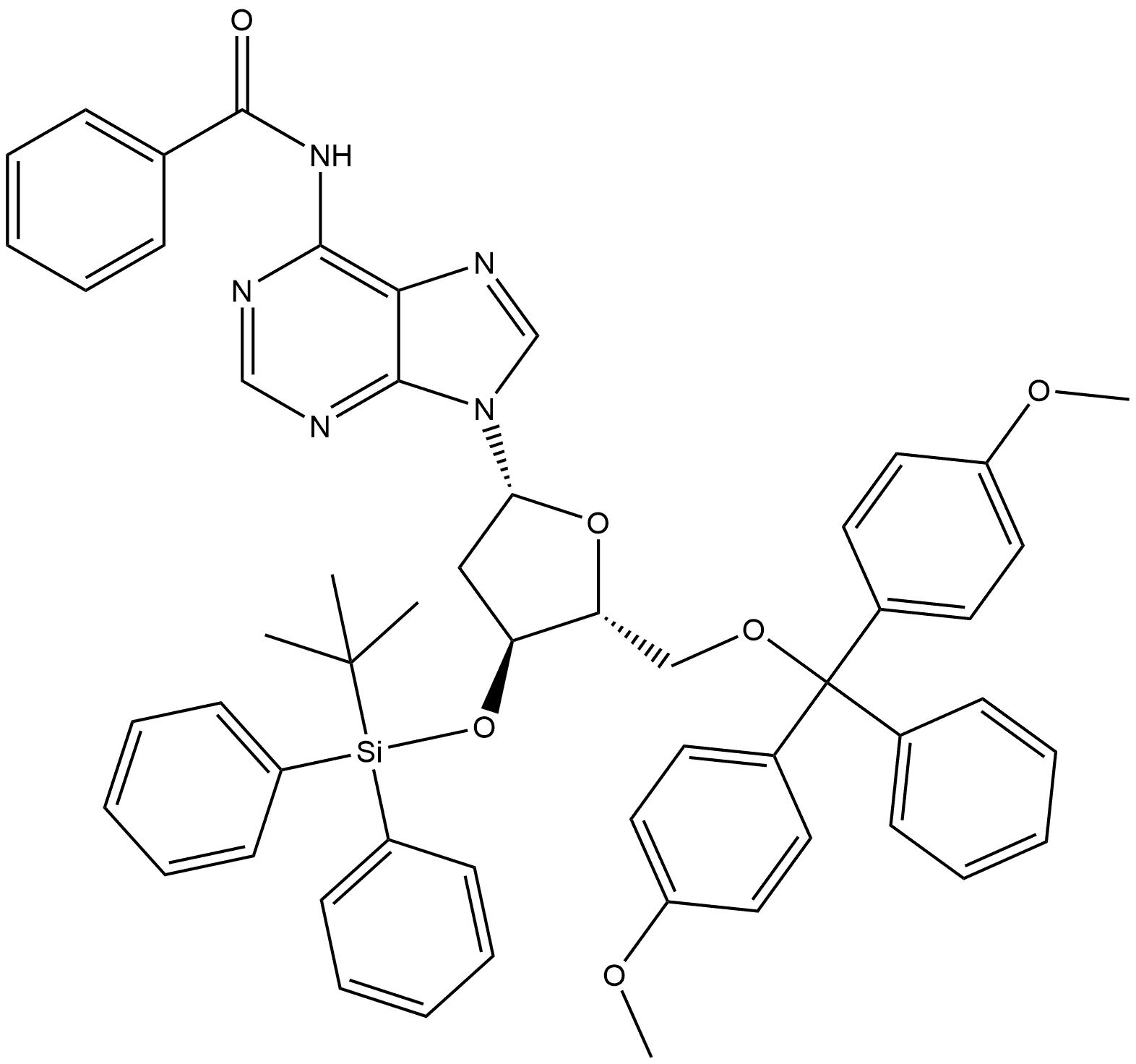 Adenosine, N-benzoyl-5′-O-[bis(4-methoxyphenyl)phenylmethyl]-2′-deoxy-3′-O-[(1,1-dimethylethyl)diphenylsilyl]- 结构式