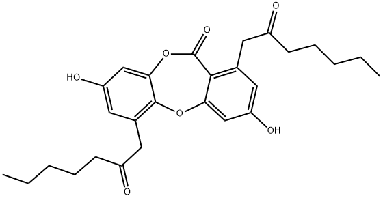 11H-Dibenzo[b,e][1,4]dioxepin-11-one, 3,8-dihydroxy-1,6-bis(2-oxoheptyl)- 结构式