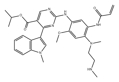 5-Pyrimidinecarboxylic acid, 2-[[2-methoxy-4-[methyl[2-(methylamino)ethyl]amino]-5-[(1-oxo-2-propen-1-yl)amino]phenyl]amino]-4-(1-methyl-1H-indol-3-yl)-, 1-methylethyl ester 结构式