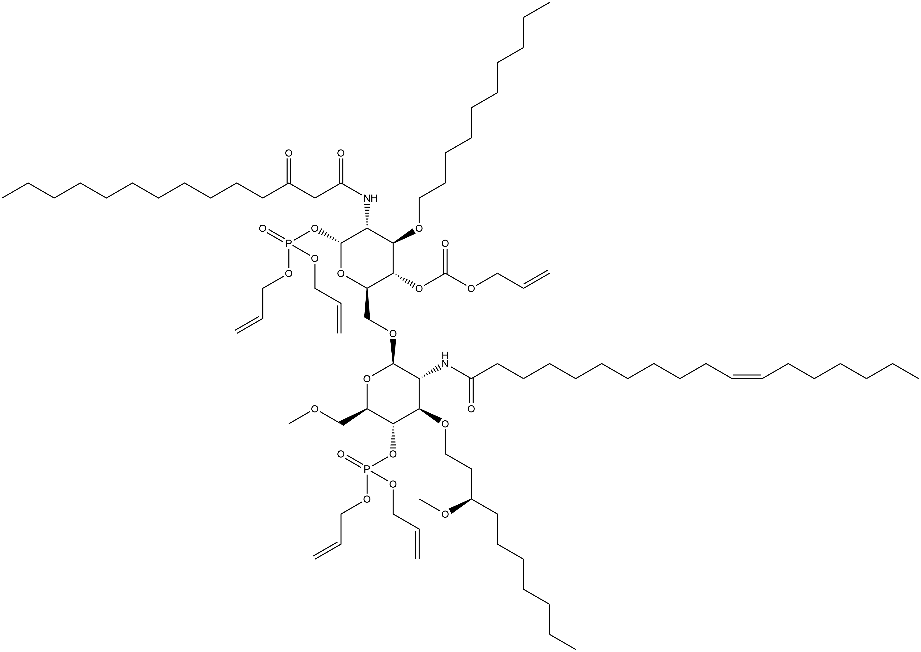 α-D-Glucopyranose, 6-O-[4-O-[bis(2-propen-1-yloxy)phosphinyl]-2-deoxy-3-O-[(3R)-3-methoxydecyl]-6-O-methyl-2-[[(11Z)-1-oxo-11-octadecen-1-yl]amino]-β-D-glucopyranosyl]-3-O-decyl-2-deoxy-2-[(1,3-dioxotetradecyl)amino]-, 1-(di-2-propen-1-yl phosphate) 4-(2-propen-1-yl carbonate) 结构式