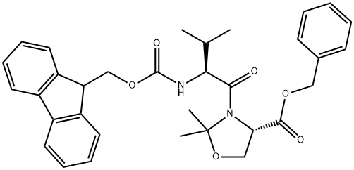 4-Oxazolidinecarboxylic acid, 3-[(2S)-2-[[(9H-fluoren-9-ylmethoxy)carbonyl]amino]-3-methyl-1-oxobutyl]-2,2-dimethyl-, phenylmethyl ester, (4S)- 结构式