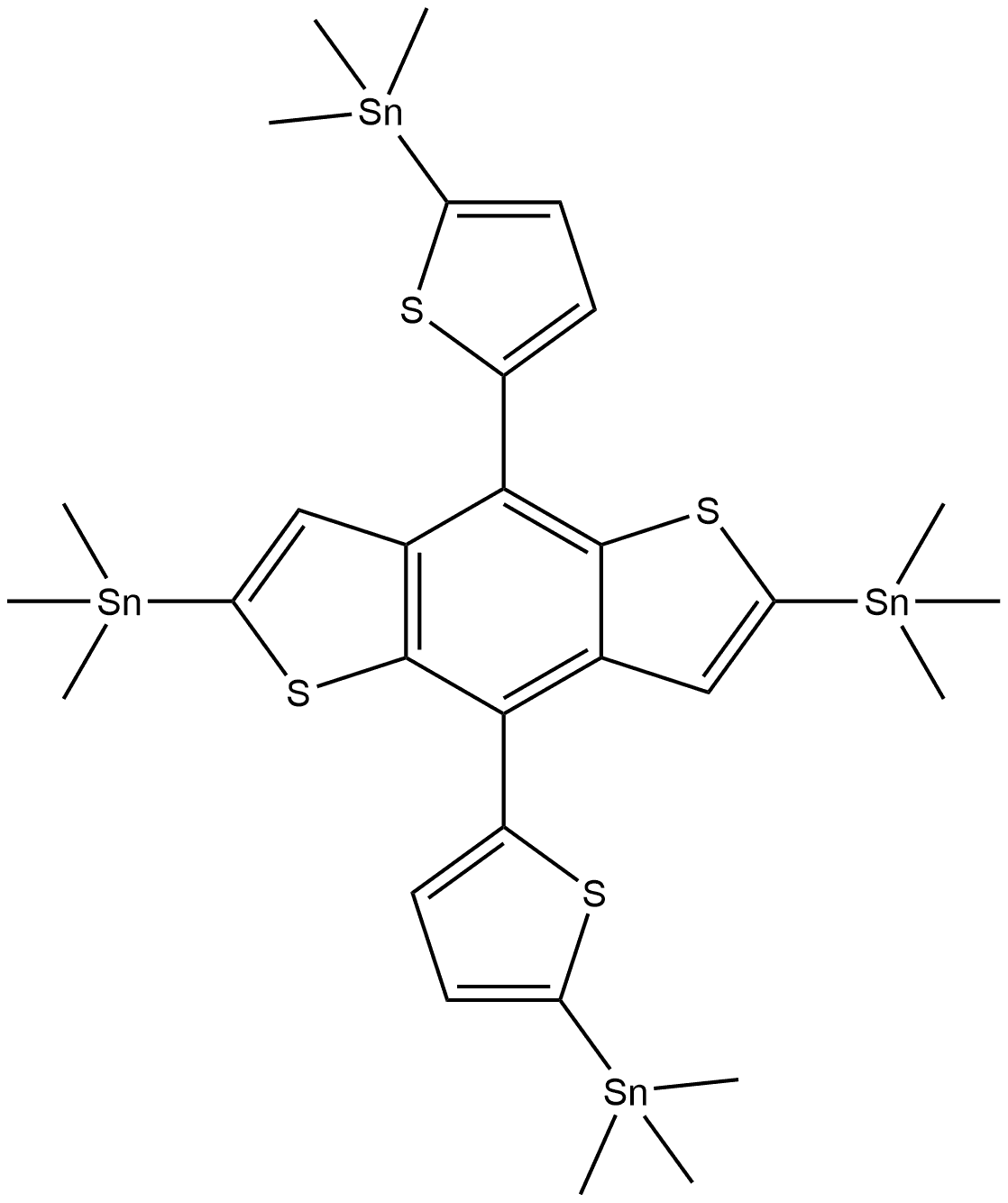 1,1′-[[2,6-Bis(trimethylstannyl)benzo[1,2-b:4,5-b′]dithiophene-4,8-diyl]di-5,2-thiophenediyl]bis[1,1,1-trimethylstannane] 结构式