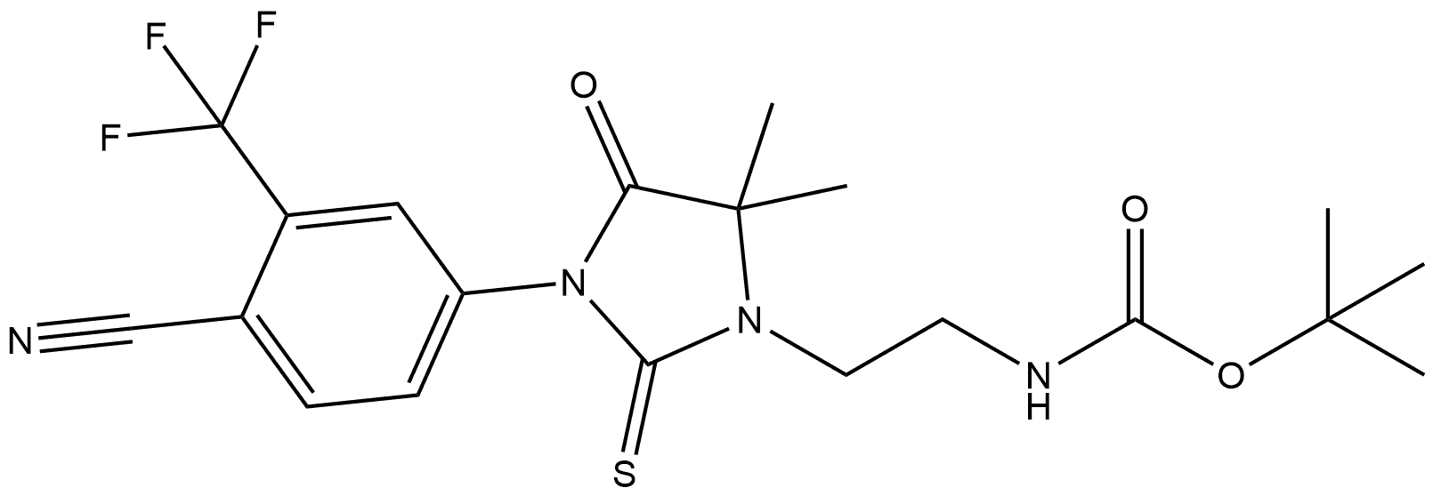 tert-butyl (2-(3-(4-cyano-3-(trifluoromethyl)phenyl)-5,5-dimethyl-4-oxo-2-thioxoimidazolidin-1-yl)ethyl)carbamate 结构式