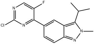 5-(2-CHLORO-5-FLUOROPYRIMIDIN-4-YL)-3-ISOPROPYL-2-METHYL-2H-INDAZOLE 结构式