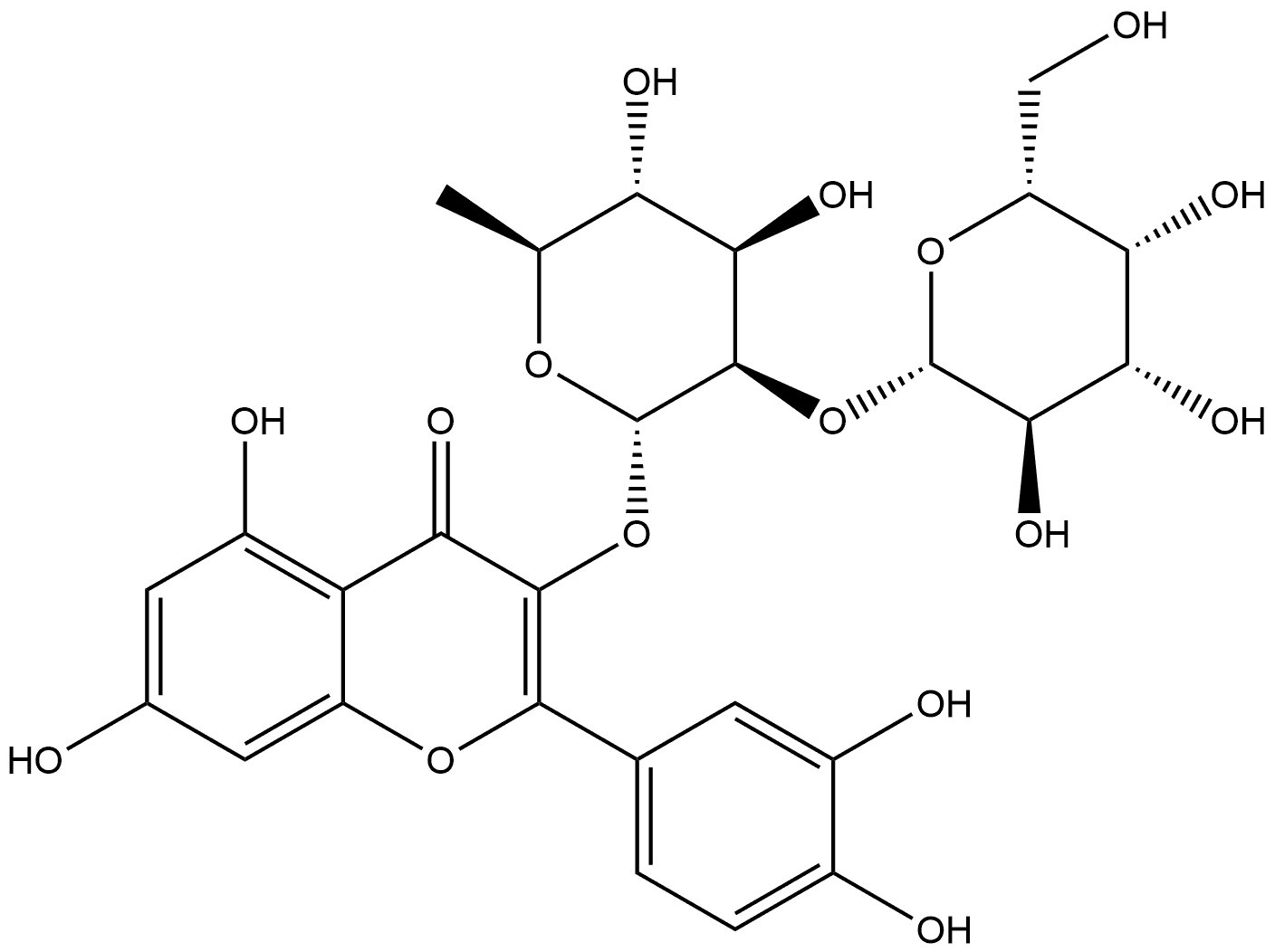 槲皮素-3-半乳糖基(1→2)鼠李糖苷 结构式