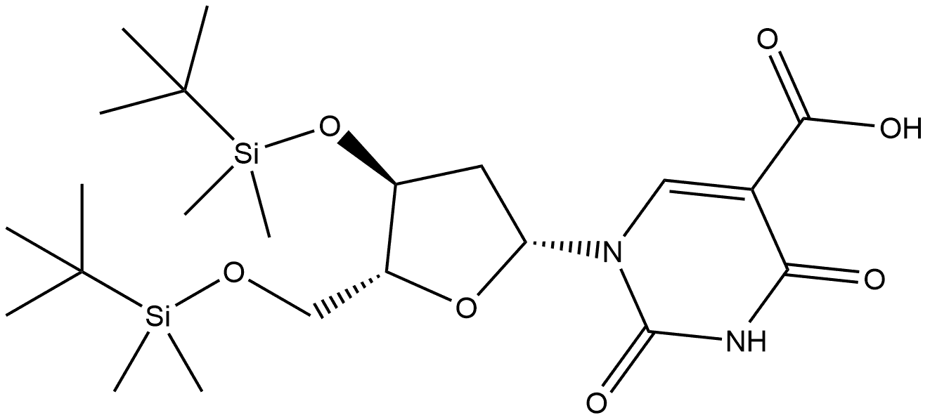 5-嘧啶羧酸,1-[2-脱氧-3,5-双-O-[(1,1-二甲基乙基)二甲基甲硅烷基]-Β-D-红-戊呋喃基]-1,2,3,4-四氢-2,4-二氧代-(ACI) 结构式