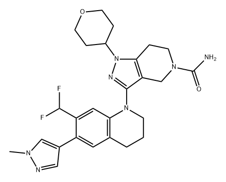 5H-Pyrazolo[4,3-c]pyridine-5-carboxamide, 3-[7-(difluoromethyl)-3,4-dihydro-6-(1-methyl-1H-pyrazol-4-yl)-1(2H)-quinolinyl]-1,4,6,7-tetrahydro-1-(tetrahydro-2H-pyran-4-yl)- 结构式