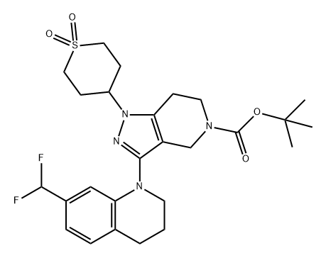 5H-Pyrazolo[4,3-c]pyridine-5-carboxylic acid, 3-[7-(difluoromethyl)-3,4-dihydro-1(2H)-quinolinyl]-1,4,6,7-tetrahydro-1-(tetrahydro-1,1-dioxido-2H-thiopyran-4-yl)-, 1,1-dimethylethyl ester 结构式