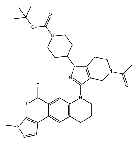 1-Piperidinecarboxylic acid, 4-[5-acetyl-3-[7-(difluoromethyl)-3,4-dihydro-6-(1-methyl-1H-pyrazol-4-yl)-1(2H)-quinolinyl]-4,5,6,7-tetrahydro-1H-pyrazolo[4,3-c]pyridin-1-yl]-, 1,1-dimethylethyl ester 结构式