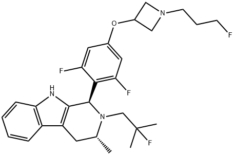 1H-Pyrido[3,4-b]indole, 1-[2,6-difluoro-4-[[1-(3-fluoropropyl)-3-azetidinyl]oxy]phenyl]-2-(2-fluoro-2-methylpropyl)-2,3,4,9-tetrahydro-3-methyl-, (1R,3R)- 结构式