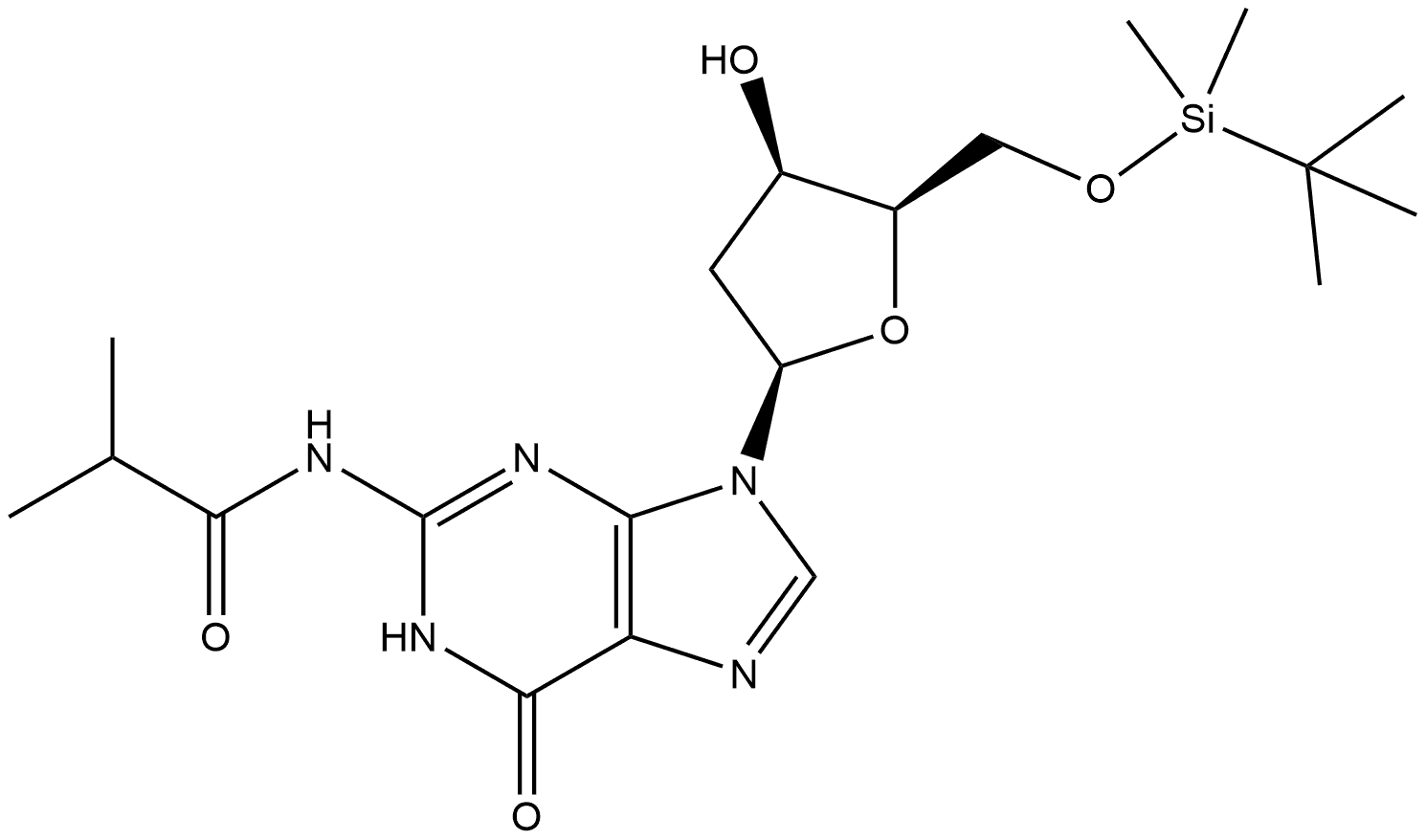 N-[9-[(2R,4R,5R)-5-[[(叔丁基二甲基硅基)氧基]甲基]-4-羟基-2-四氢呋喃基]-6-氧代-6,9-二氢-1H-嘌呤-2-基]异丁酰胺 结构式