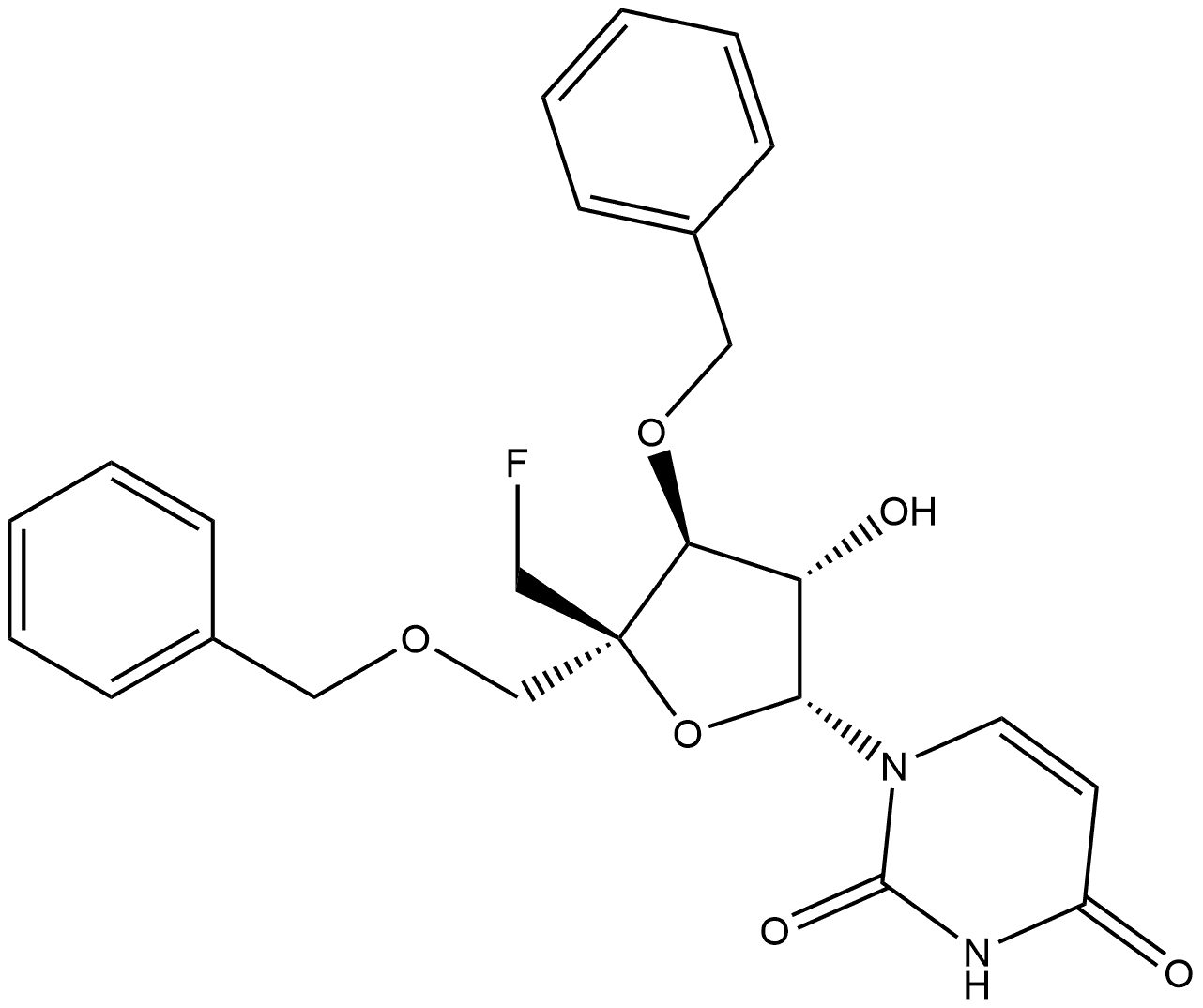 2,4(1H,3H)-Pyrimidinedione, 1-[4-C-(fluoromethyl)-3,5-bis-O-(phenylmethyl)-β-D-arabinofuranosyl]- 结构式