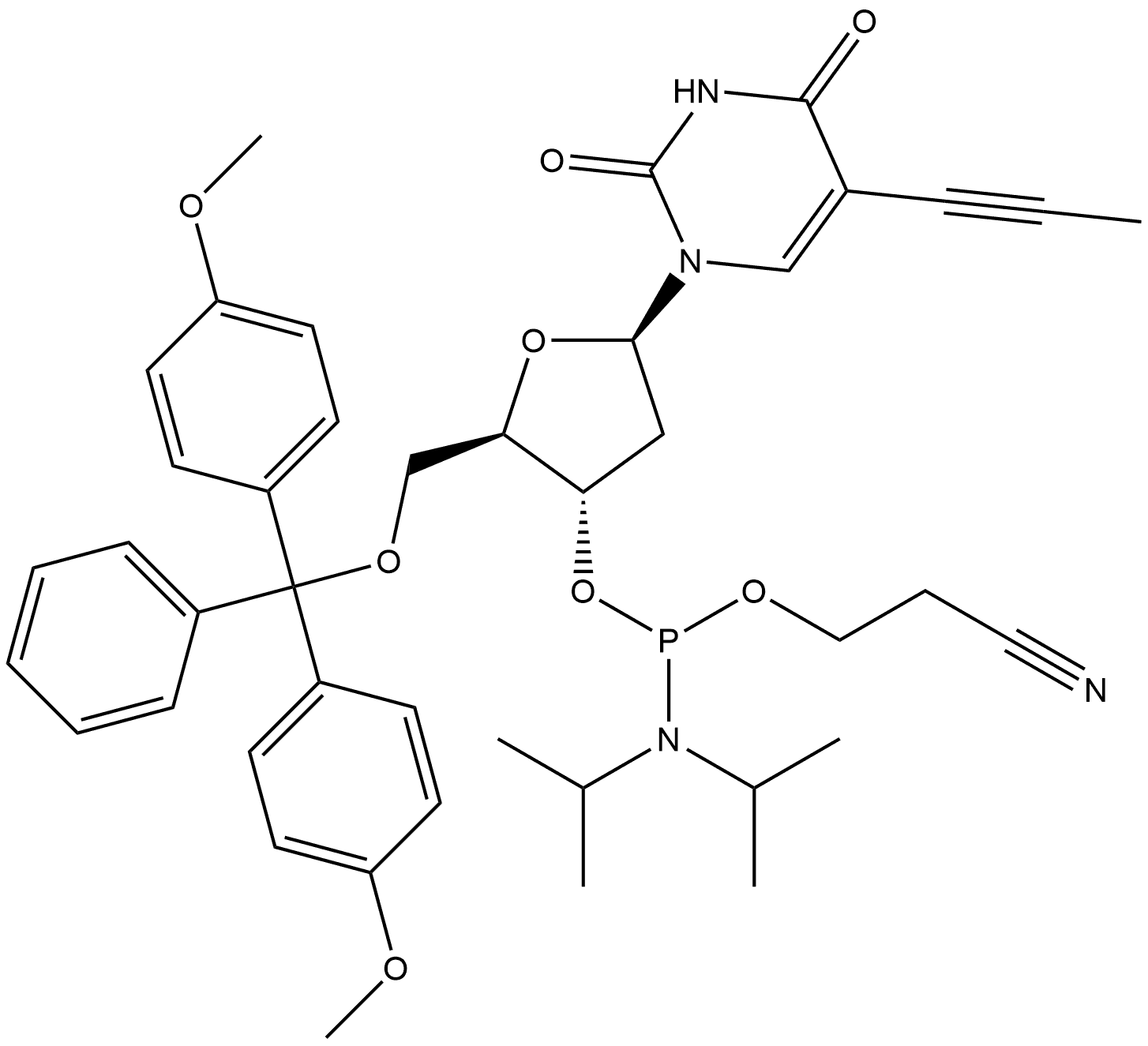 Uridine, 5'-O-[bis(4-methoxyphenyl)phenylmethyl]-2'-deoxy-5-(1-propyn-1-yl)-, 3'-[2-cyanoethyl N,N-bis(1-methylethyl)phosphoramidite] 结构式