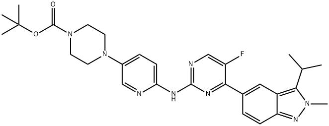 4-[6-({5-氟-4-[2-甲基-3-(丙-2-基)-2H-吲唑-5-基]嘧啶-2-基}氨基)吡啶-3-基]哌嗪-1-甲酸叔丁酯 结构式