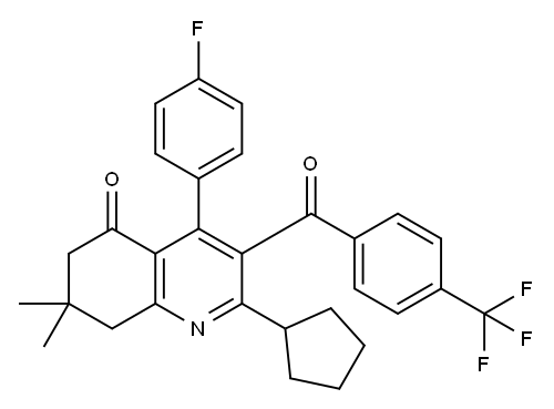 5(6H)-Quinolinone, 2-cyclopentyl-4-(4-fluorophenyl)-7,8-dihydro-7,7-dimethyl-3-[4-(trifluoromethyl)benzoyl]- 结构式