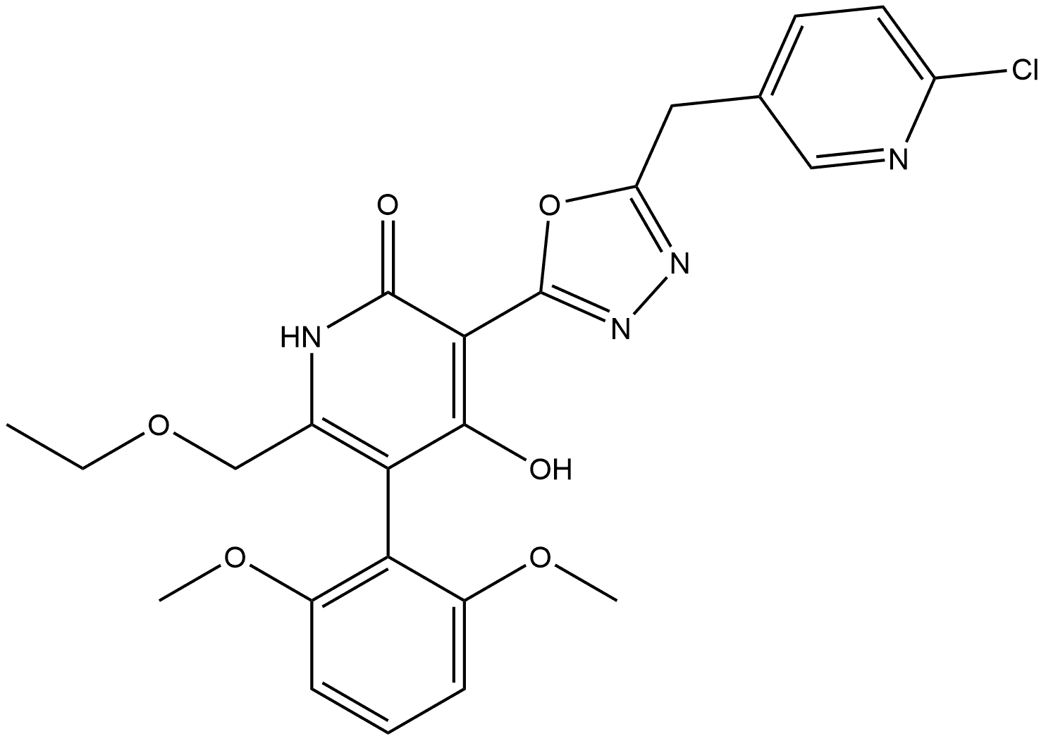 3-{5-[(6-chloropyridin-3-yl)methyl]-1,3,4-oxadiazol-2-yl}-5-(2,6-dimethoxyphenyl)-6-(ethoxymethyl)pyridine-2,4-diol 结构式