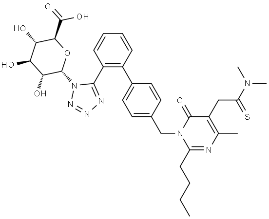 α-D-Glucopyranuronic acid, 1-[5-[4'-[[2-butyl-5-[2-(dimethylamino)-2-thioxoethyl]-4-methyl-6-oxo-1(6H)-pyrimidinyl]methyl][1,1'-biphenyl]-2-yl]-1H-tetrazol-1-yl]-1-deoxy- 结构式