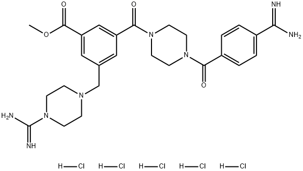 Benzoic acid, 3-[[4-[4-(aminoiminomethyl)benzoyl]-1-piperazinyl]carbonyl]-5-[[4-(aminoiminomethyl)-1-piperazinyl]methyl]-, methyl ester, hydrochloride (1:5) 结构式