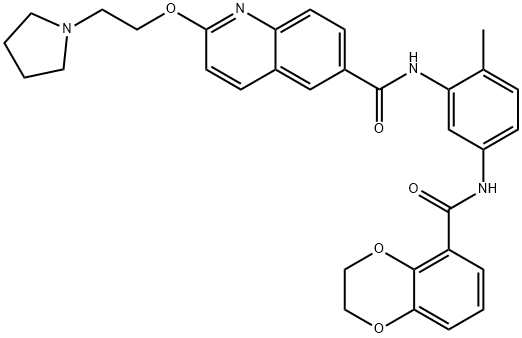 N-(5-(2,3-dihydrobenzo[b][1,4]dioxine-5-carboxamido)-2-methylphenyl)-2-(2-(pyrrolidin-1-yl)ethoxy)quinoline-6-carboxamide 结构式
