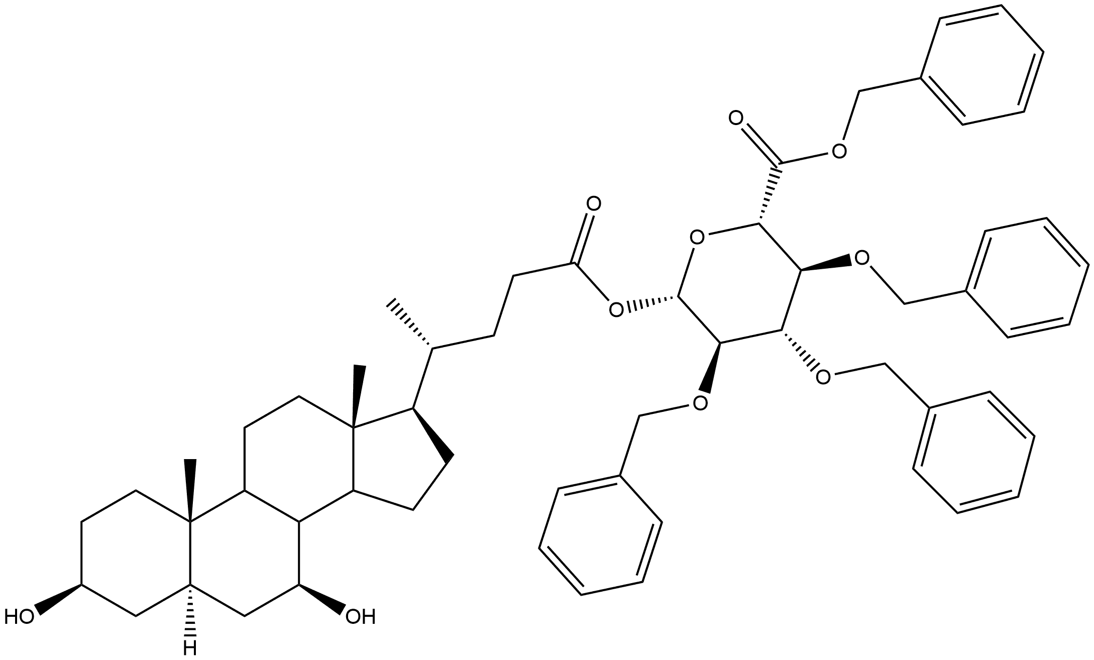 β-D-Glucopyranuronic acid, 2,3,4-tris-O-(phenylmethyl)-, phenylmethyl ester, (3α,5β,7α)-3,7-dihydroxycholan-24-oate 结构式