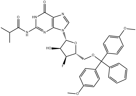 N2-iso-Buty royl-5'-O-(4,4'-dimethoxytrityl)-3'-deoxy-3'-fluoroguanosine 结构式
