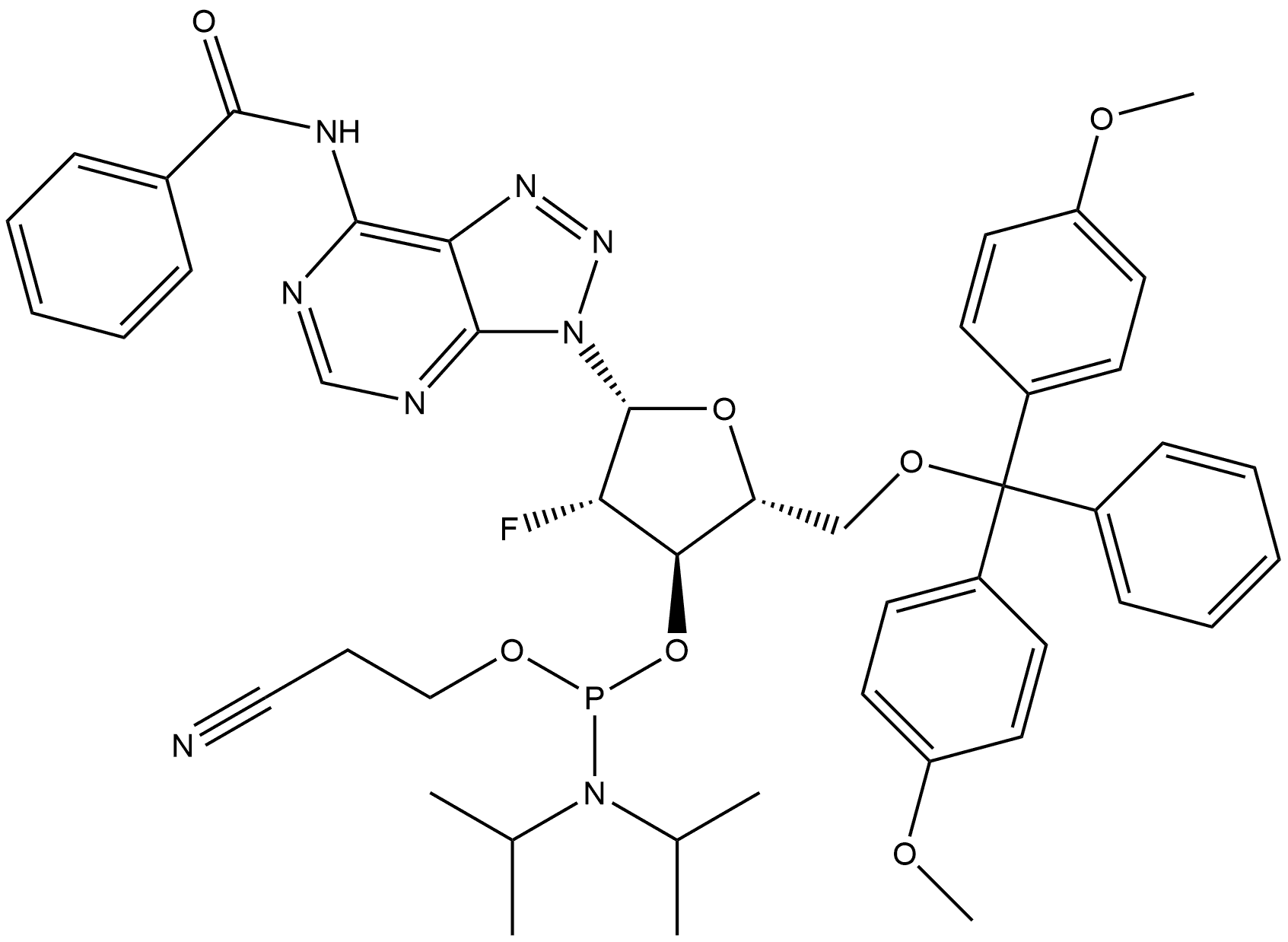 N-[3-[5-O-[Bis(4-methoxyphenyl)phenylmethyl]-3-O-[[bis(1-methylethyl)amino](2-cyanoethoxy)phosphino]-2-deoxy-2-fluoro-β-D-arabinofuranosyl]-3H-1,2,3-triazolo[4,5-d]pyrimidin-7-yl]benzamide 结构式