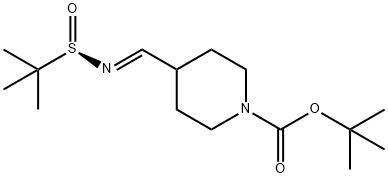 1-Piperidinecarboxylic acid, 4-[(E)-[[(R)-(1,1-dimethylethyl)sulfinyl]imino]methyl]-, 1,1-dimethylethyl ester 结构式
