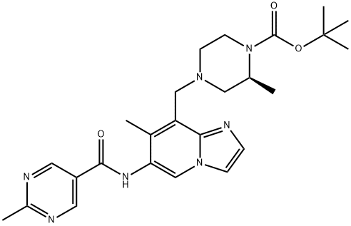 (S)-tert-butyl 2-methyl-4-((7-methyl-6-(2-methylpyrimidine-5-carboxamido)imidazo[1,2-a]pyridin-8-yl)methyl)piperazine-1-carboxylate 结构式