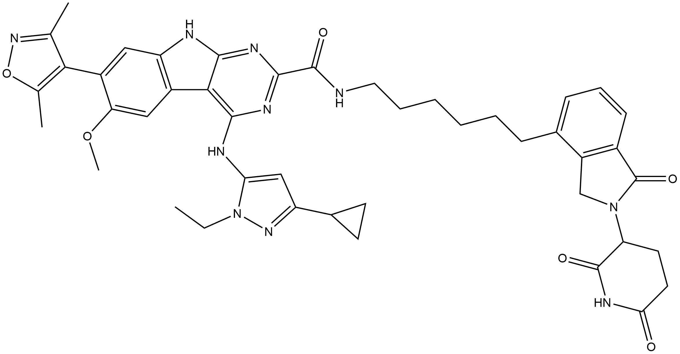 4-[(3-Cyclopropyl-1-ethyl-1H-pyrazol-5-yl)amino]-7-(3,5-dimethyl-4-isoxazolyl)-N-[6-[2-(2,6-dioxo-3-piperidinyl)-2,3-dihydro-1-oxo-1H-isoindol-4-yl]hexyl]-6-methoxy-9H-pyrimido[4,5-b]indole-2-carboxamide 结构式