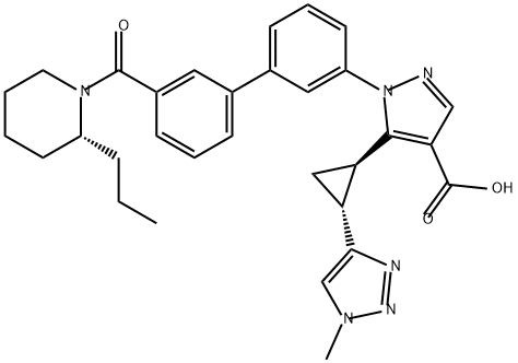 1H-Pyrazole-4-carboxylic acid, 5-[(1R,2R)-2-(1-methyl-1H-1,2,3-triazol-4-yl)cyclopropyl]-1-[3'-[[(2R)-2-propyl-1-piperidinyl]carbonyl][1,1'-biphenyl]-3-yl]- 结构式