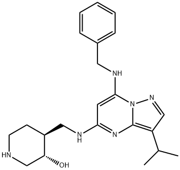 3-Piperidinol, 4-[[[3-(1-methylethyl)-7-[(phenylmethyl)amino]pyrazolo[1,5-a]pyrimidin-5-yl]amino]methyl]-, (3S,4S)- 结构式