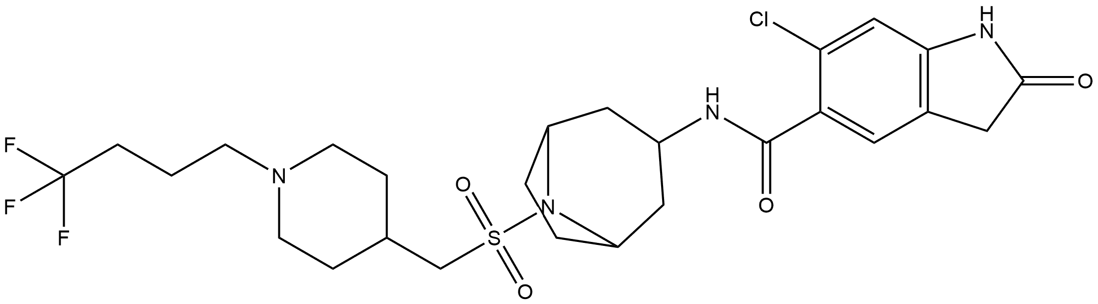 1H-Indole-5-carboxamide, 6-chloro-2,3-dihydro-2-oxo-N-[(3-endo)-8-[[[1-(4,4,4-trifluorobutyl)-4-piperidinyl]methyl]sulfonyl]-8-azabicyclo[3.2.1]oct-3-yl]- 结构式