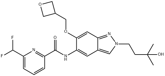 6-(difluoromethyl)-N-[2-(3-hydroxy-3-methylbutyl)-
6-[(oxetan-3-yl)methoxy]-2H-indazol-5-yl]pyridine-
2-carboxamide 结构式