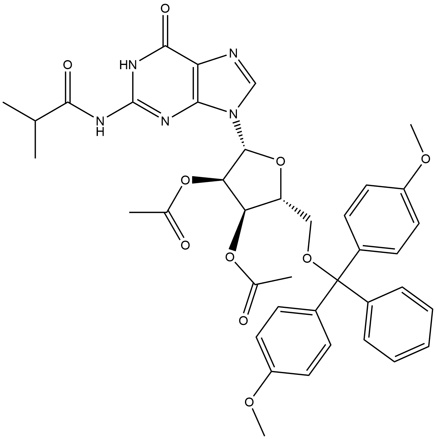 Guanosine, 5'-O-[bis(4-methoxyphenyl)phenylmethyl]-N-(2-methyl-1-oxopropyl)-, 2',3'-diacetate 结构式