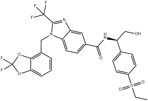 1H-Benzimidazole-5-carboxamide, 1-[(2,2-difluoro-1,3-benzodioxol-4-yl)methyl]-N-[(1R)-1-[4-(ethylsulfonyl)phenyl]-2-hydroxyethyl]-2-(trifluoromethyl)- 结构式